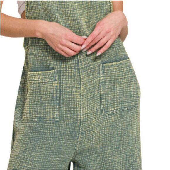 Zenana Green Double Gauze Cotton Wide Leg Overalls Jumpsuit Boho Medium, NWT - Picture 4 of 7